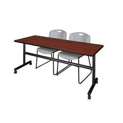 "72" x 30" Flip Top Mobile Training Table in Cherry & 2 Zeng Stack Chairs in Grey - Regency MKFT7230CH44GY"