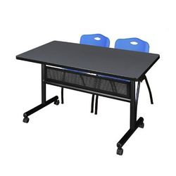 "48" x 30" Flip Top Mobile Training Table w/ Modesty Panel in Grey & 2 "M" Stack Chairs in Blue - Regency MKFTM4830GY47BE"