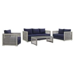 Aura 4 Piece Outdoor Patio Wicker Rattan Set - East End Imports EEI-3596-GRY-NAV-SET