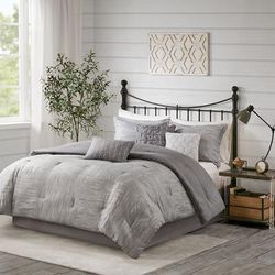 Madison Park Cal King 7 Piece Printed Seersucker Comforter Set in Grey - Olliix MP10-6292