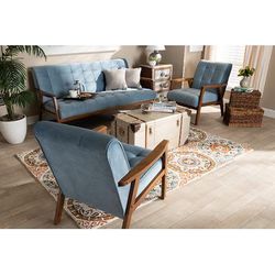 Baxton Studio Asta Mid-Century Modern Light Blue Velvet Fabric Walnut Finished Wood 3-PC Living Room Set - Wholesale Interiors TOGO-Light Blue Velvet/Walnut-3PC SF Set