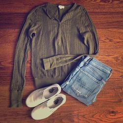 American Eagle Outfitters Tops | Ae Green Long Sleeve Henley Shirt | Color: Green | Size: Large, But Fits Smaller