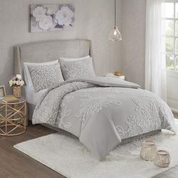 Madison Park Full/Queen 100% Cotton Tufted Comforter Set in Grey/White - Olliix MP10-6392