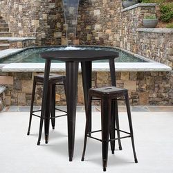 30'' Round Black-Antique Gold Metal Indoor-Outdoor Bar Table Set with 2 Square Seat Backless Stools - Flash Furniture CH-51090BH-2-30SQST-BQ-GG