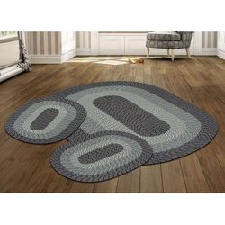 Country Braid Collection 3pc Set Stain Resistant Reversible Indoor Oval Area Rug by Better Trends in Blue Natural Stripe