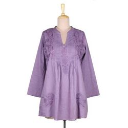 Lilac Garden,'Hand Embroidered Lilac Cotton Tunic from India'