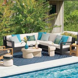 St. Kitts Modular Seating Collection with Cushions in Matte Black Aluminum - Corner Chair, Rain Resort Stripe Air Blue - Frontgate
