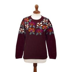 Burgundy Garden,'Burgundy Floral Intarsia Knit 100% Alpaca Sweater'