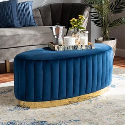 Baxton Studio Kirana Glam & Luxe Navy Blue Velvet Fabric & Gold PU Leather Ottoman - Wholesale Interiors WS-20352-Navy Blue Velvet/Gold-Otto