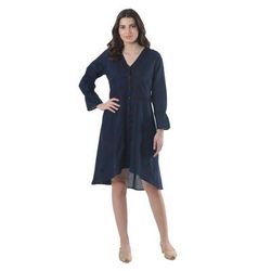 Lucknow Blossoms,'High-Low Dark Blue Embroidered Cotton Shirtdress'