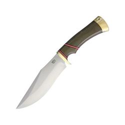 Bark River Marauder I Bowie Fixed Blade Knife 11.45in Overall 6.5in Satin Cpm-154 SS Green Canvas Micarta Handle Brass Guard And Pommel Brown Leather