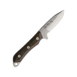 Kanetsune Seseragi Knife 8in Overall 3in Damascus Steel Drop Point Brown Wood Handle Brown Leather Sheath KB-266