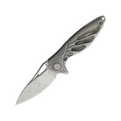 Rike Knife Hummingbird Framelock Folding Knife 1.63in Damasteel Ds93X Drop Point Satin Titanium Handle Pocket Clip Thumb Pull Black Kydex Neck Sheath