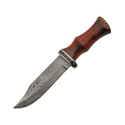 Damascus Bowie Rosewood Knife 11in Overall 6.25in Damascus Steel Clip Point Blade Rosewood Handle SS Guard Brown Leather Sheath DM-1170