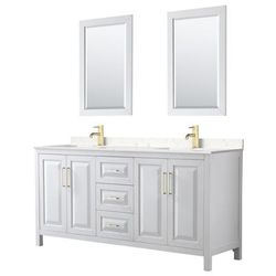 Daria 72 Inch Double Bathroom Vanity in White, Light-Vein Carrara Cultured Marble Countertop, Undermount Square Sinks, 24 Inch Mirrors, Brushed Gold Trim - Wyndham WCV252572DWGC2UNSM24