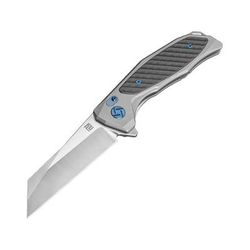 Artisan Cutlery Megahawk Framelock Folding Knife 5in Closed 3.75in Satin S35Vn SS Modified Tanto Blade Gray Titanium Handle With Carbon Fiber Inlay