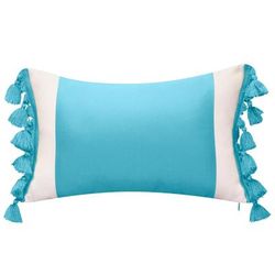 Indoor & Outdoor Colorblock Tassel Fringe Lumbar Decorative Pillow by Levinsohn Textiles in Aqua