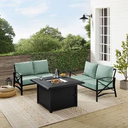 Kaplan 3Pc Outdoor Metal Conversation Set W/Fire Table Mist/Oil Rubbed Bronze - Dante Fire Table & 2 Loveseats - Crosley KO60038BZ-MI