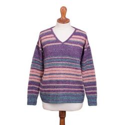 'Multi-Color Stripe Alpaca Blend Long Sleeve V-Neck Sweater'