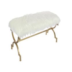 White Fur and Metal Contemporary Bench, 20x42x17 by Quinn Living in Brown