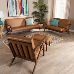 Baxton Studio Bianca Mid-Century Modern Walnut Brown Finished Wood and Tan Faux Leather Effect 4-Piece Living Room Set - Wholesale Interiors Bianca-Tan/Walnut Brown-4PC Set