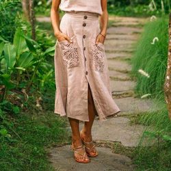 Juicy Fruit in Natural,'Hand Embroidered Knee-Length Skirt'