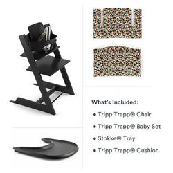 Tripp Trapp High Chair and Cushion with Stokke Tray Bundle - Black / Honeycomb Happy / Black