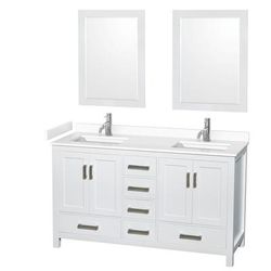 Sheffield 60 Inch Double Bathroom Vanity in White, White Cultured Marble Countertop, Undermount Square Sinks, 24 Inch Mirrors - Wyndham WCS141460DWHWCUNSM24