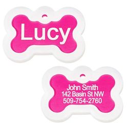 Personalized Pet ID Tag Includes Glow in The Dark Silencer to Protect Tag and Engraving, Pink Bone, Regular