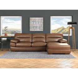 "Sunset Trading Jayson 115" Wide Top Grain Leather Sofa with Chaise | Chestnut Brown Chofa | Deep Seating Couch Sectional - Sunset Trading SU-JH86-155SP"