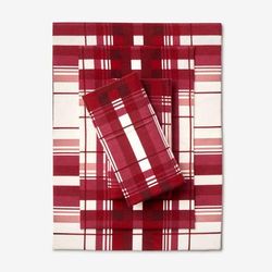 Cotton Flannel Print Sheet Set by BrylaneHome in Cranberry Plaid (Size KING)