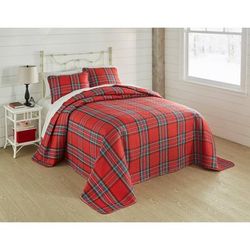 3-Pc. Microfleece Christmas Bedspread Set by BrylaneHome in Red Green Plaid (Size TWIN) Reversible Quilted Cover & Pillow Shams