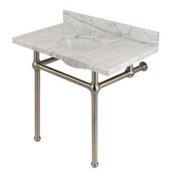 "Kingston Brass KVPB3630MB8 Templeton 36" x 22" Carrara Marble Vanity Top with Brass Console Legs, Carrara Marble/Brushed Nickel - Kingston Brass KVPB3630MB8"