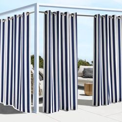 Wide Width Outdoor Decor Coastal Stripe Outdoor Single Grommet Curtain Panel by Commonwealth Home Fashions in Navy (Size 50" W 96" L)