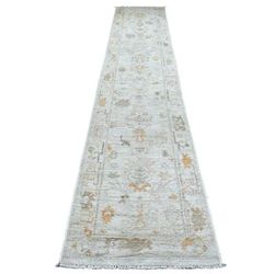 Shahbanu Rugs Hand Knotted, Gray, Ushak with A Floral Pattern, Wool, Oriental, XL Runner, Rug (2'5" x 13'9") - 2'5" x 13'9"