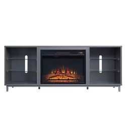 "Brighton 60" Fireplace with Glass Shelves and Media Wire Management in Grey - Manhattan Comfort FP4-GY"