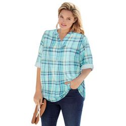 Plus Size Women's Three-Quarter Sleeve Tab-Front Tunic by Woman Within in Azure Plaid (Size 1X)