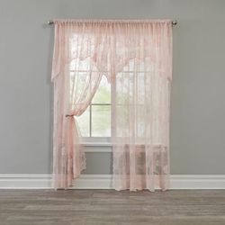 Wide Width Ella Floral Lace Panel with Attached Valance by BrylaneHome in Blush (Size 58" W 84" L) Window Curtain