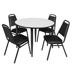 Regency Kahlo 48 in. Round Breakroom Table- White, Black Base & 4 Restaurant Stack Chairs- Black - Regency TPL48RNDWHBK29BK