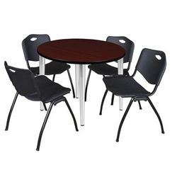 Regency Kahlo 42 in. Round Breakroom Table- Mahogany Top, Chrome Base & 4 M Stack Chairs- Black - Regency TPL42RNDMHCM47BK