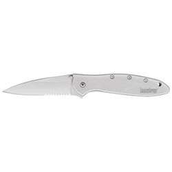 Kershaw Leek Assisted Folding Knife 3in 14C28N Serrated Drop Point Blade Silver 410 Stainless Steel Handle 1660ST