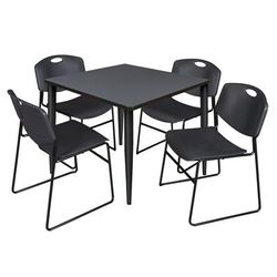 Regency Kahlo 36 in. Square Breakroom Table- Grey Top, Black Base & 4 Zeng Stack Chairs- Black - Regency TPL3636GYBK44BK
