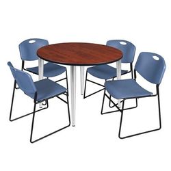 Regency Kahlo 48 in. Round Breakroom Table- Cherry Top, Chrome Base & 4 Zeng Stack Chairs- Blue - Regency TPL48RNDCHCM44BE