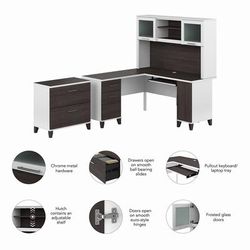 Bush Furniture Somerset 60W L Shaped Desk with Hutch and Lateral File Cabinet in White and Storm Gray - Bush Furniture SET008SGWH