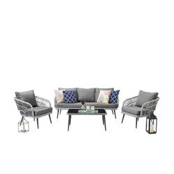 Riviera Rope Wicker 4-Piece 5 Seater Patio Conversation Set with Cushions in Cream - Manhattan Comfort OD-CV015-GY