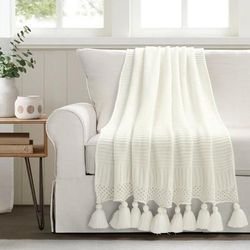 Boho Knitted Tassel Throw Ivory Single 50X60 - Lush Decor 21T011769