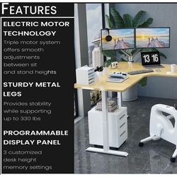 73-In. L-Shaped Sit or Stand Electric Height Adjustable Desk with Triple Motor System, Natural and White - Hanover HSD0452-NAT2