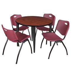 Regency Kahlo 42 in. Round Breakroom Table- Cherry Top, Black Base & 4 M Stack Chairs- Burgundy - Regency TPL42RNDCHBK47BY