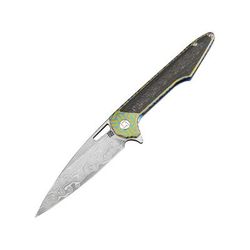 Artisan Cutlery Small Archaeo Framelock Folding Knife 3" Damascus steel blade Blue and gold titanium handle with carbon fiber in 1821GSD-BU02