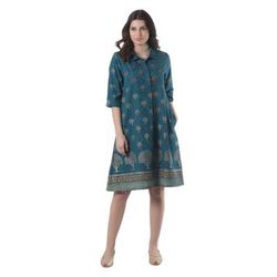 Chanderi Garden,'Hand Block-Printed Shirtdress'